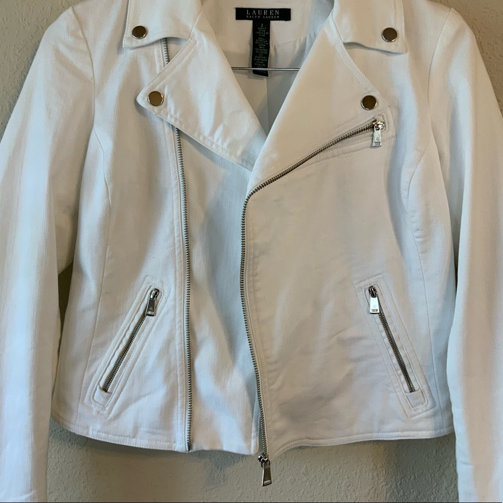 Ralph Lauren White Denim Biker Jacket Size 2 Gem